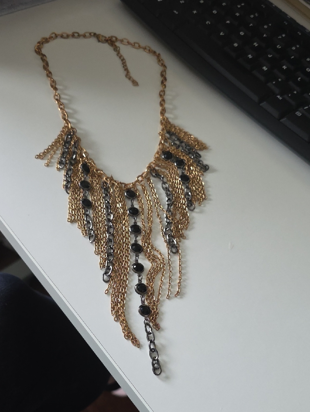 Gold Tone and Black Fringe Statement Necklace